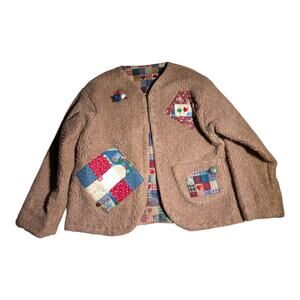 Vtg 1990s Handmade Brown 3D Teddy Bear Open Front Patchwork Fuzzy Jacket Sz L